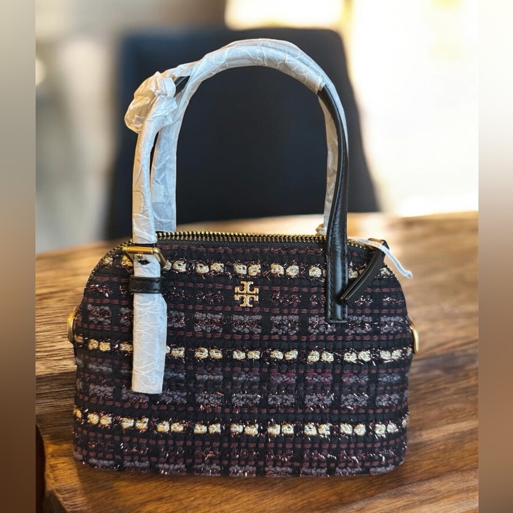 Tory Burch Tweed Satchel in Black and Gold